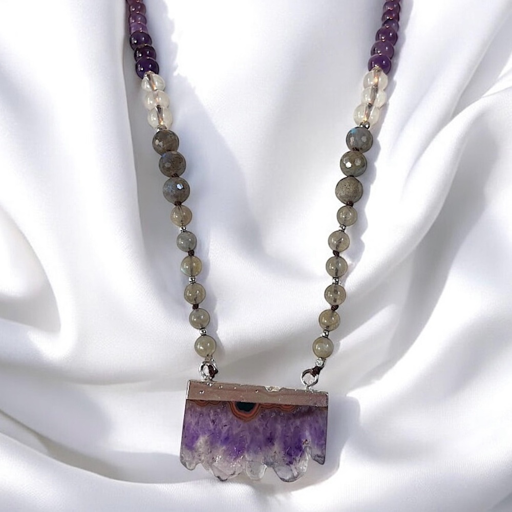 Amethyst Clear Quartz Labradorite Crystal Long Mala Beaded Gemstone Necklace